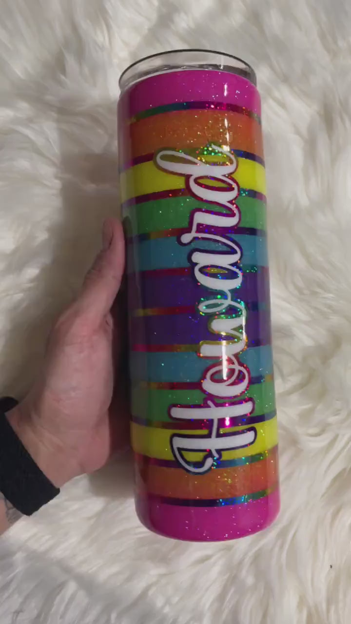 Neon rainbow striped tumbler, gay pride tumbler