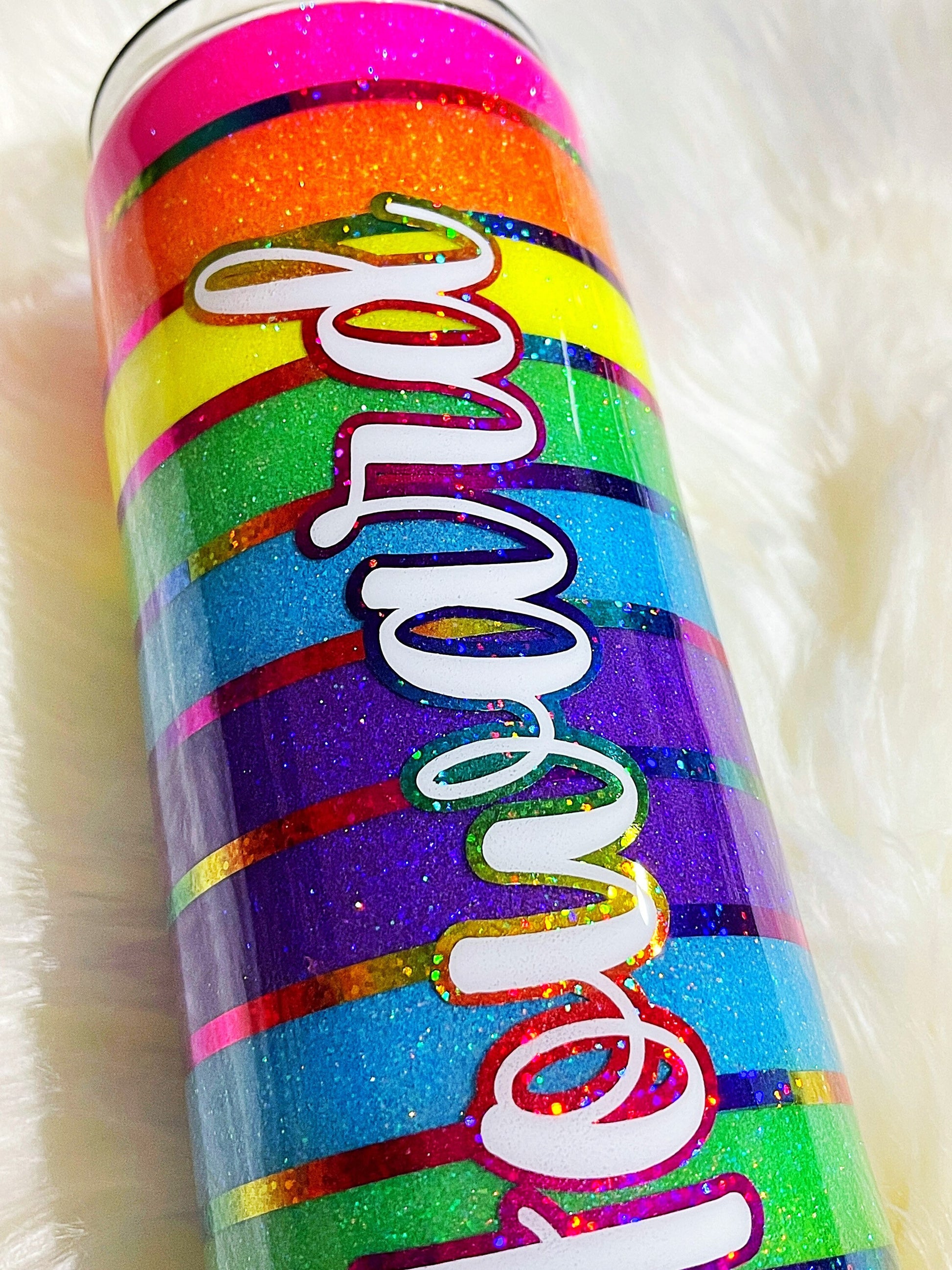 Neon rainbow striped tumbler, gay pride tumbler