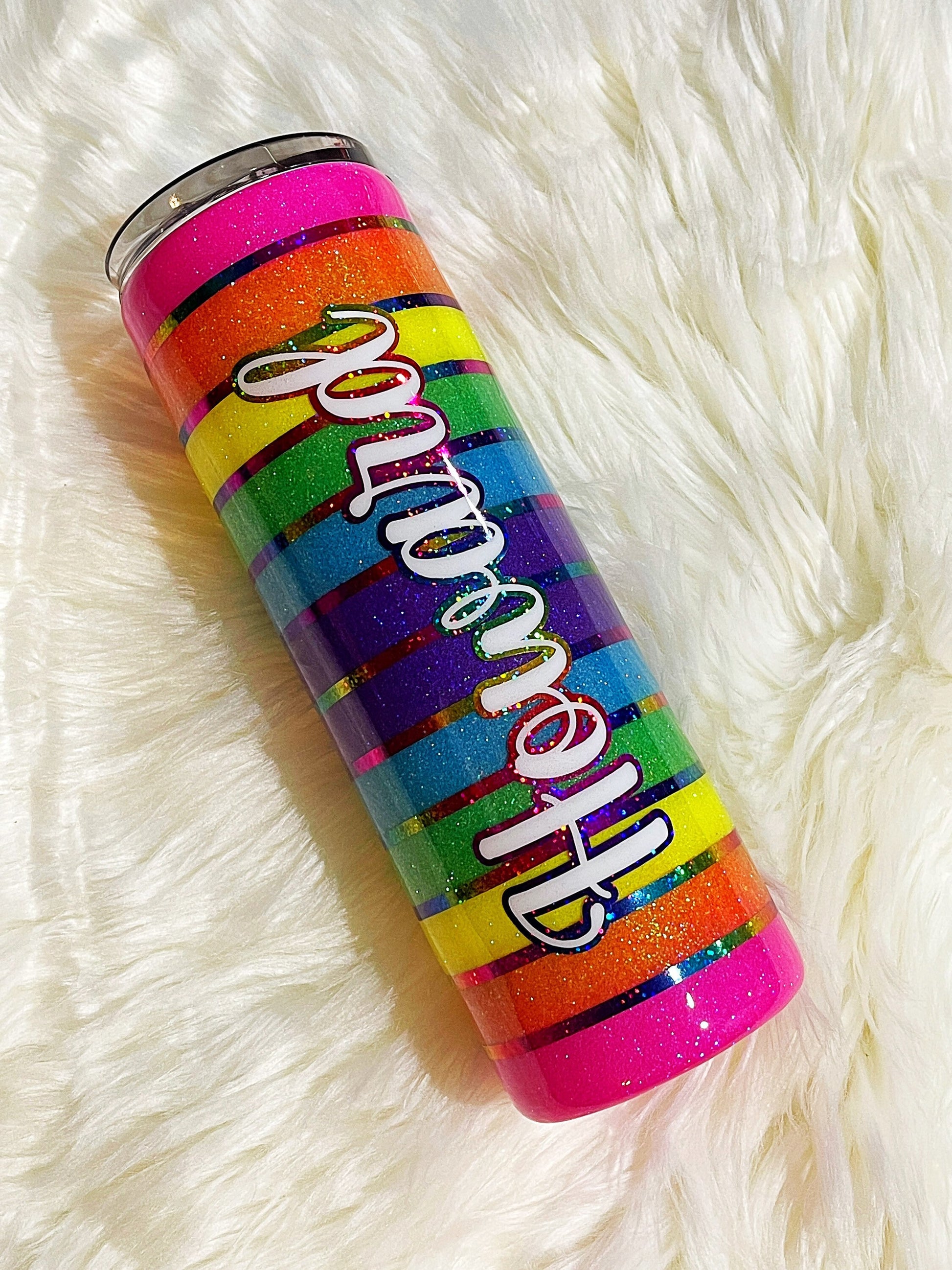 Neon rainbow striped tumbler, gay pride tumbler